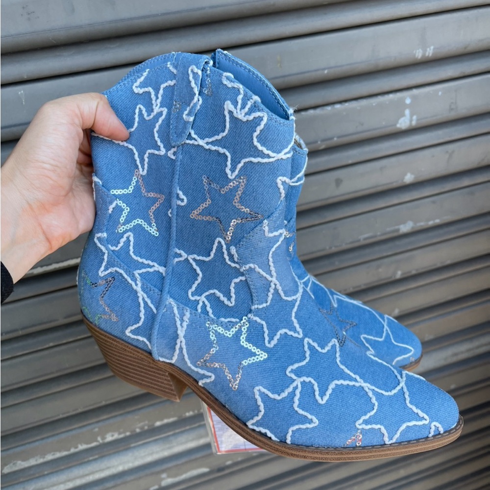 BRAND NEW Denim Cowboy Boots with star sequins & zippers